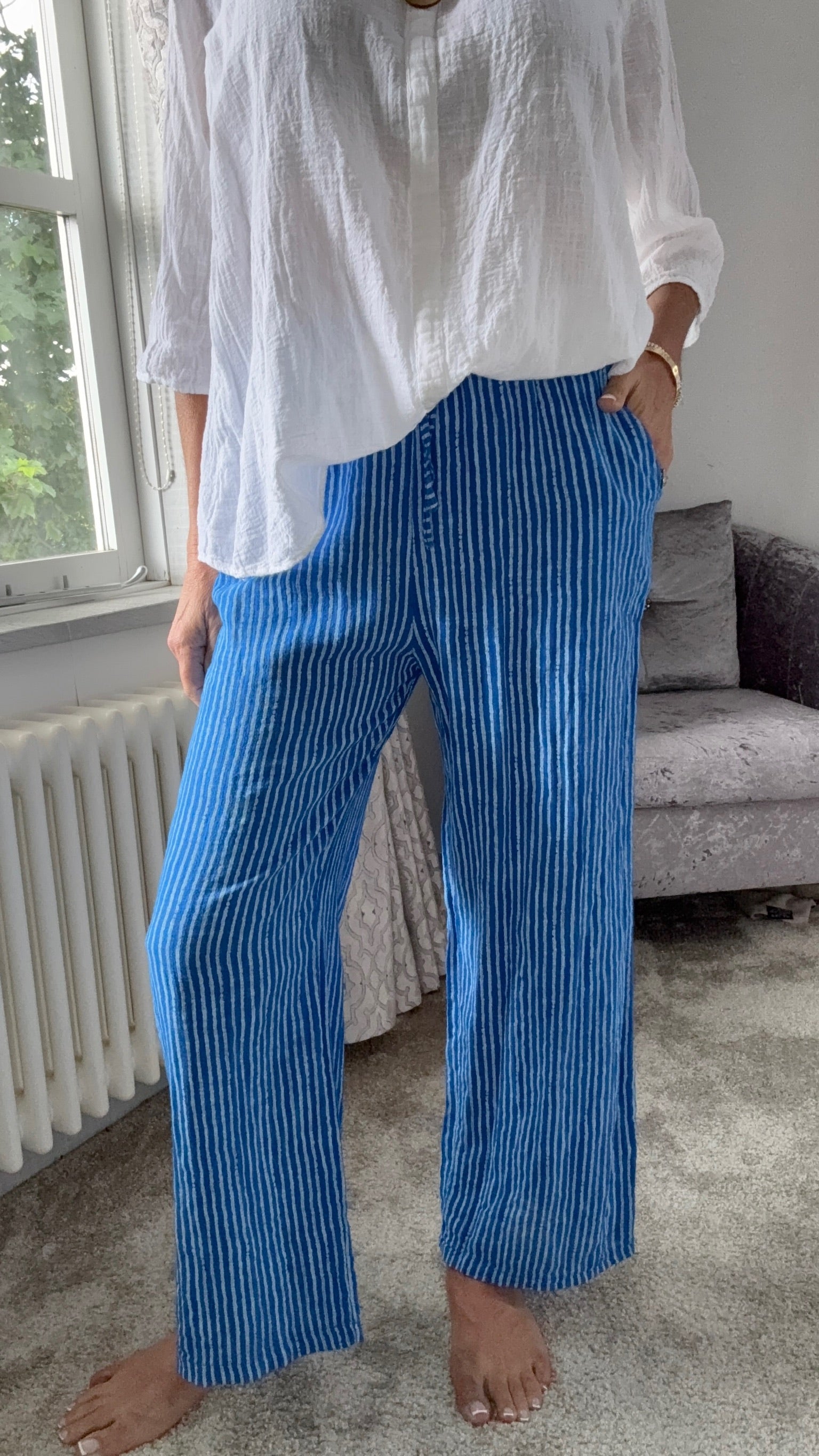 Coastal Stripe Cotton Trousers - Sky Blue Stripe