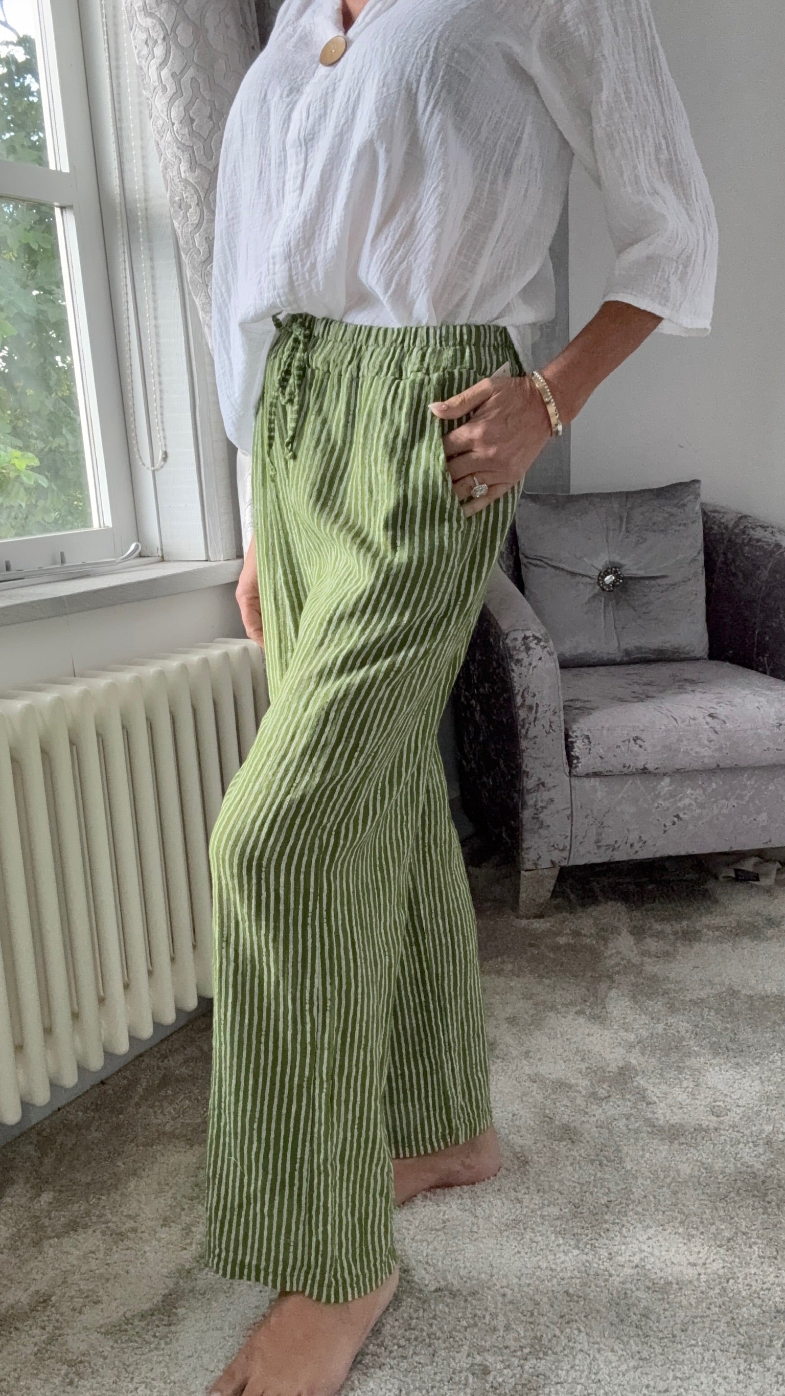 Coastal Stripe Cotton Trousers - Olive Stripe