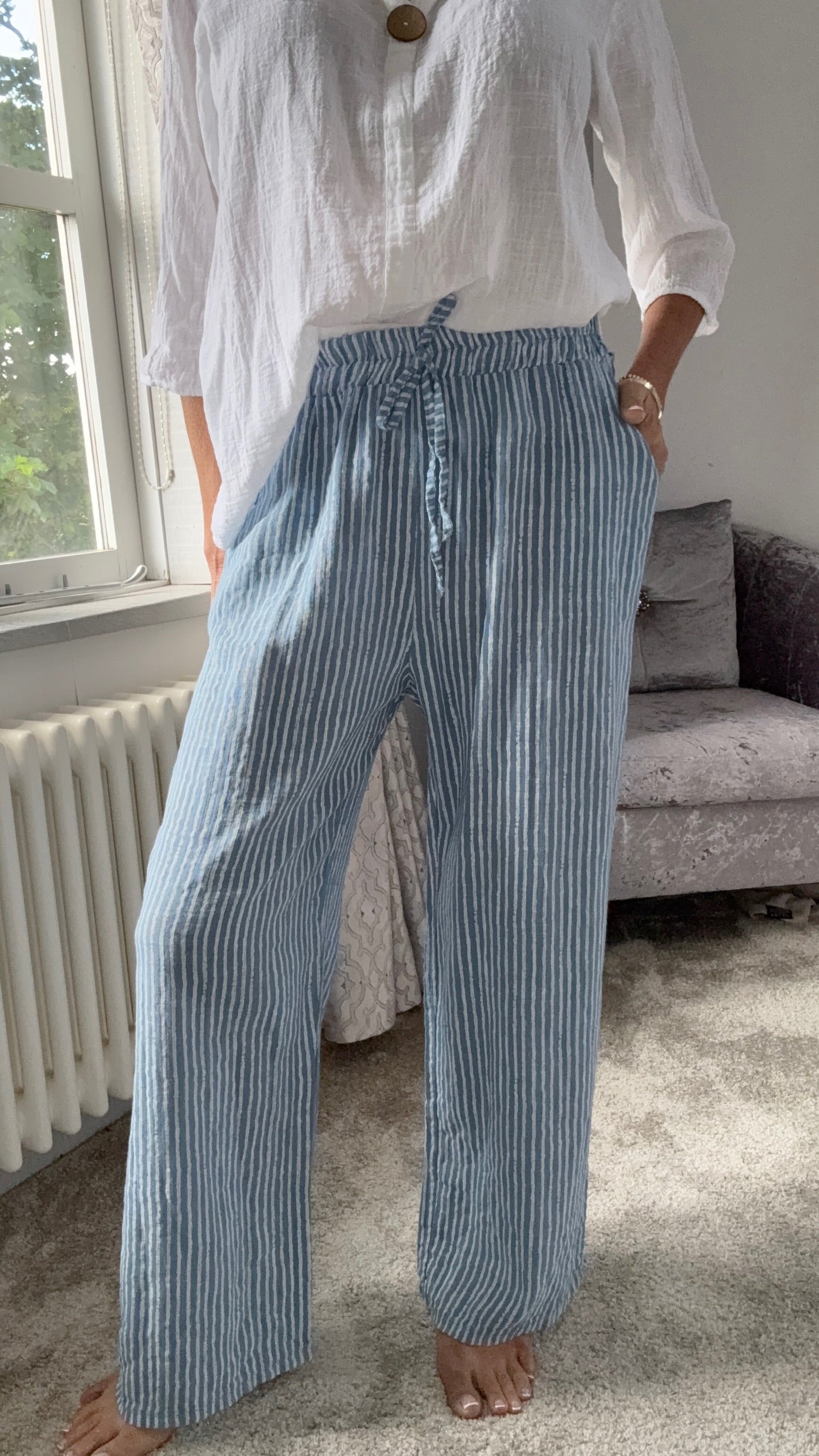 Coastal Stripe Cotton Trousers - Blue & White Stripe