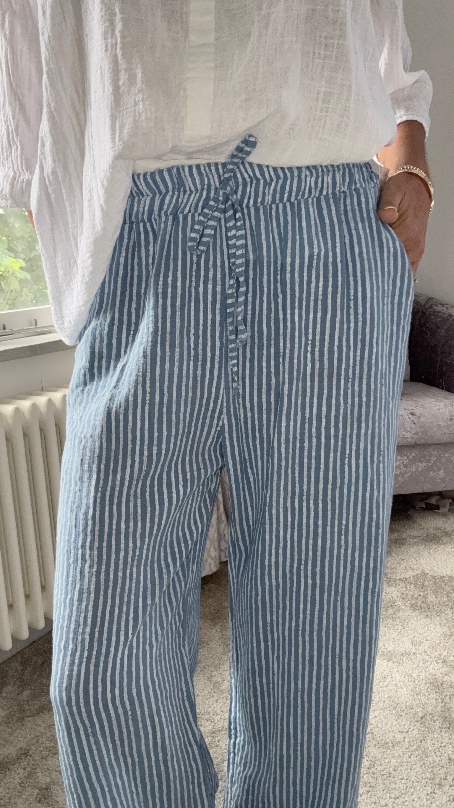 Coastal Stripe Cotton Trousers - Blue & White Stripe