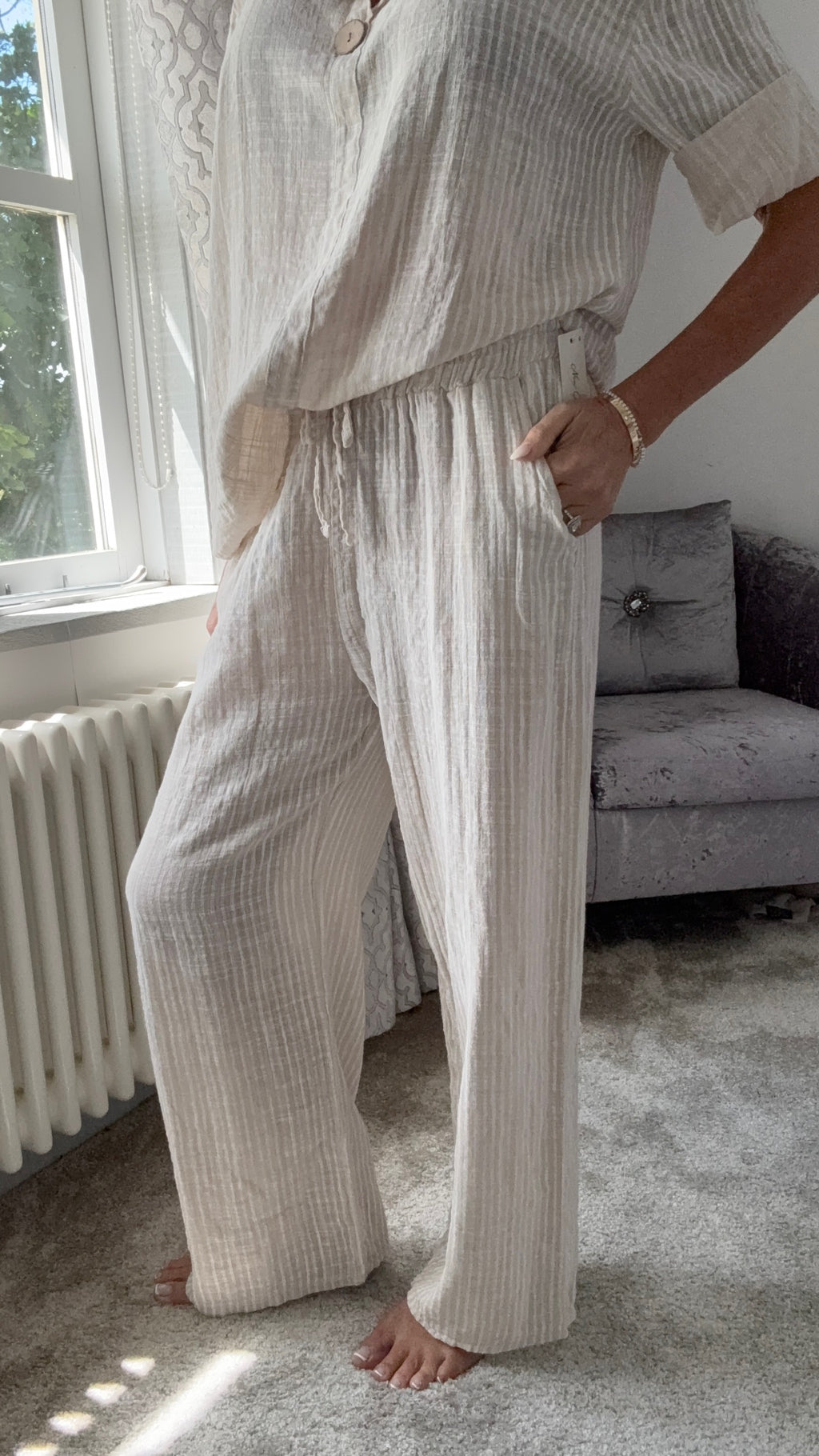 Coastal Stripe Cotton Trousers - Stone Stripe