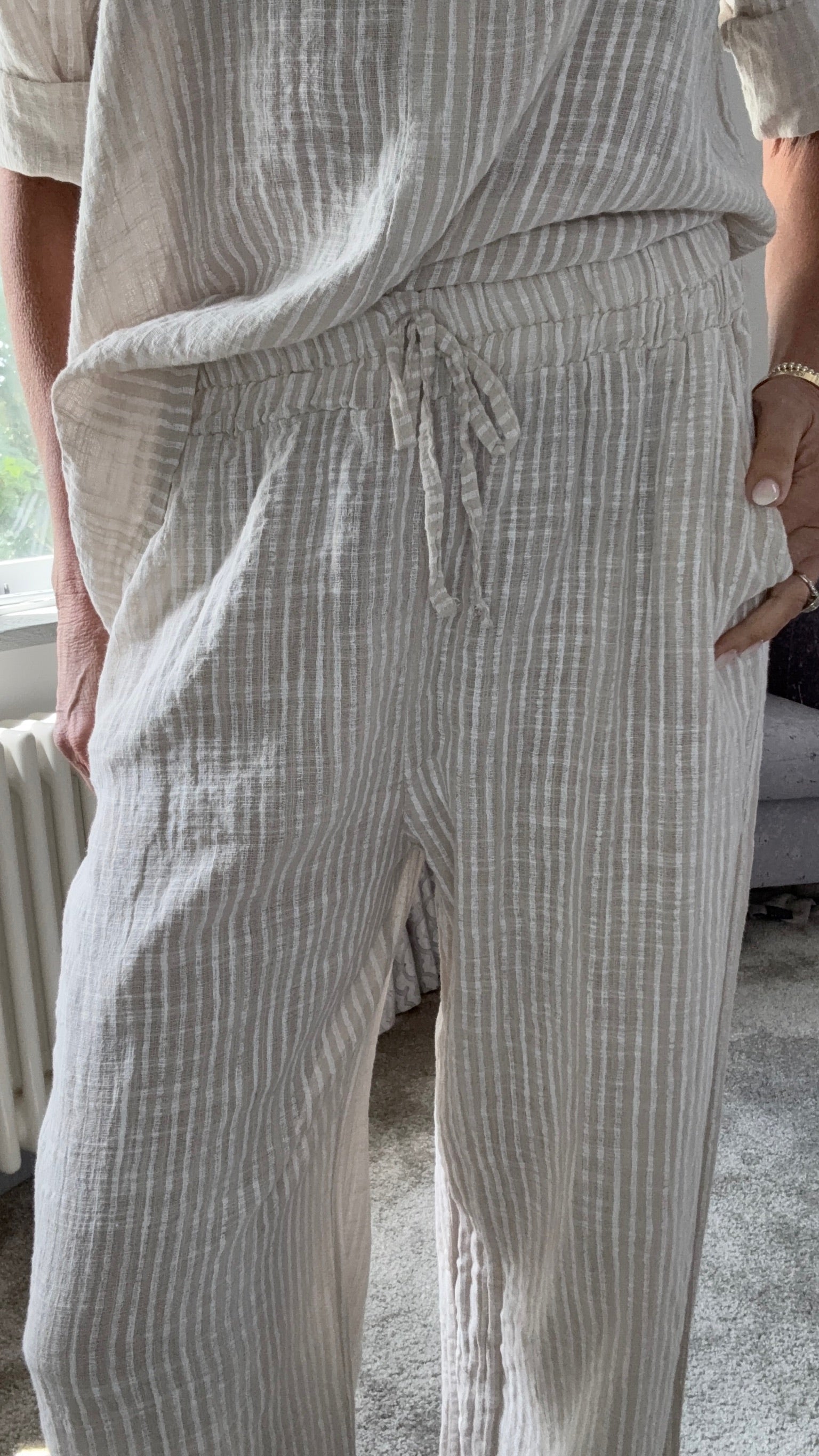 Coastal Stripe Cotton Trousers - Stone Stripe