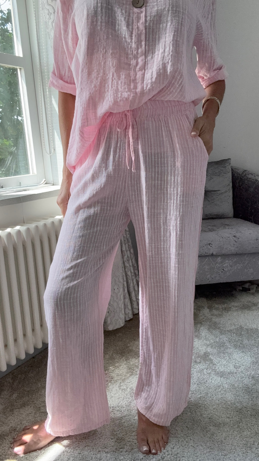 Coastal Stripe Cotton Trousers - Pink Stripe