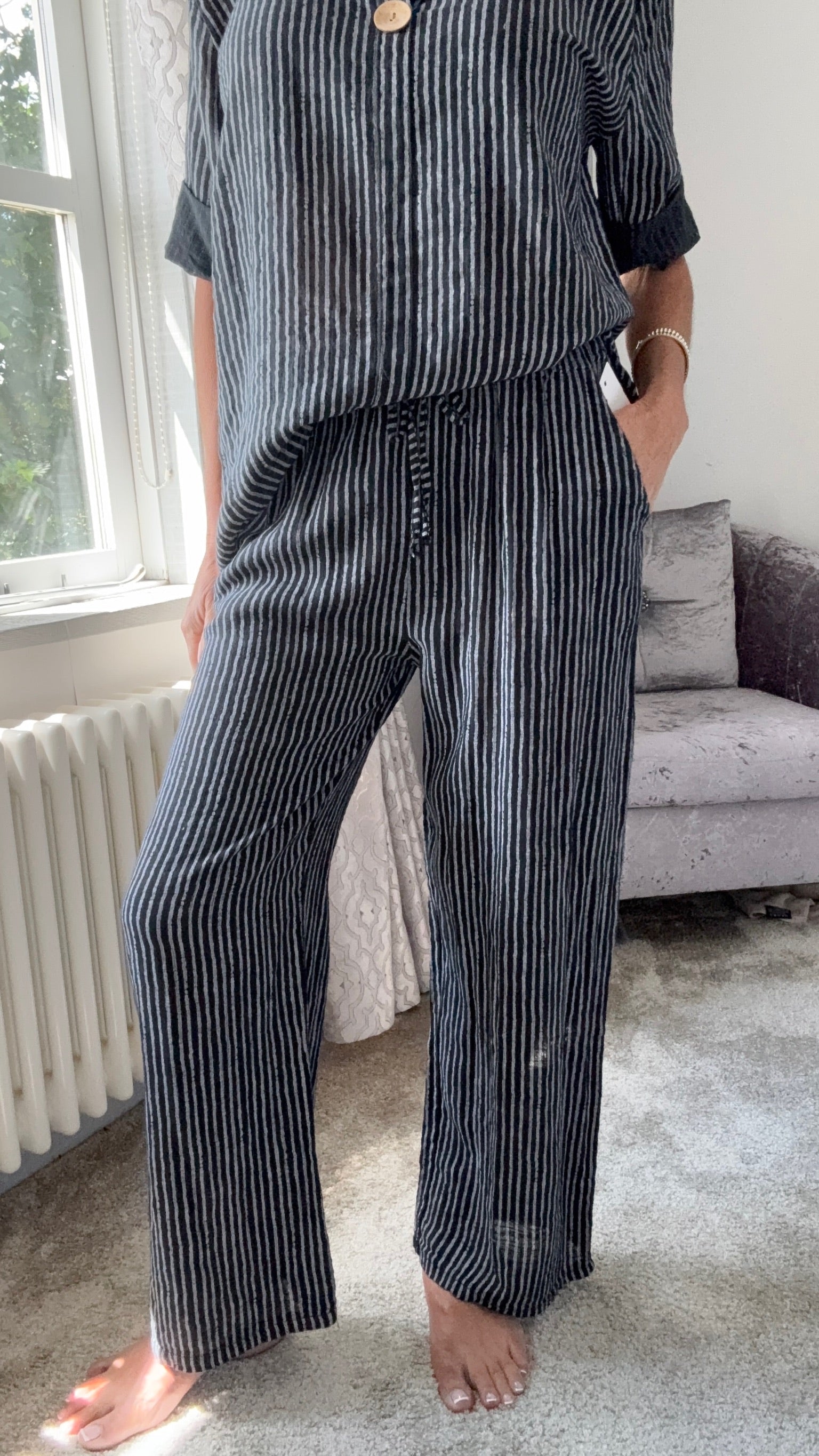Coastal Stripe Cotton Trousers - Black & white