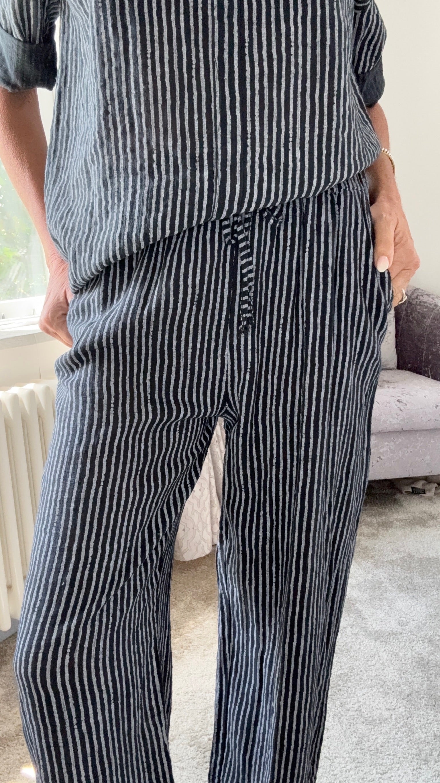 Coastal Stripe Cotton Trousers - Black & white