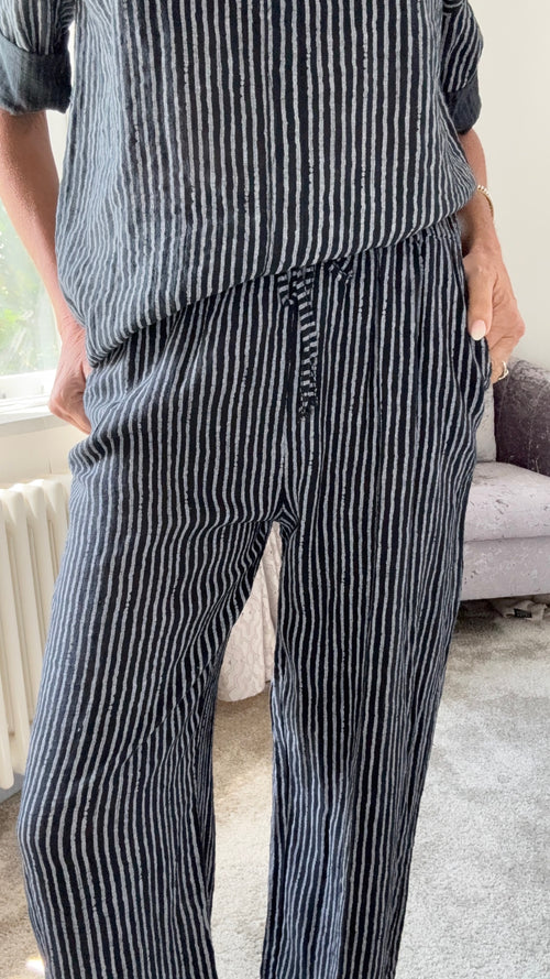 Coastal Stripe Cotton Trousers - Black & white