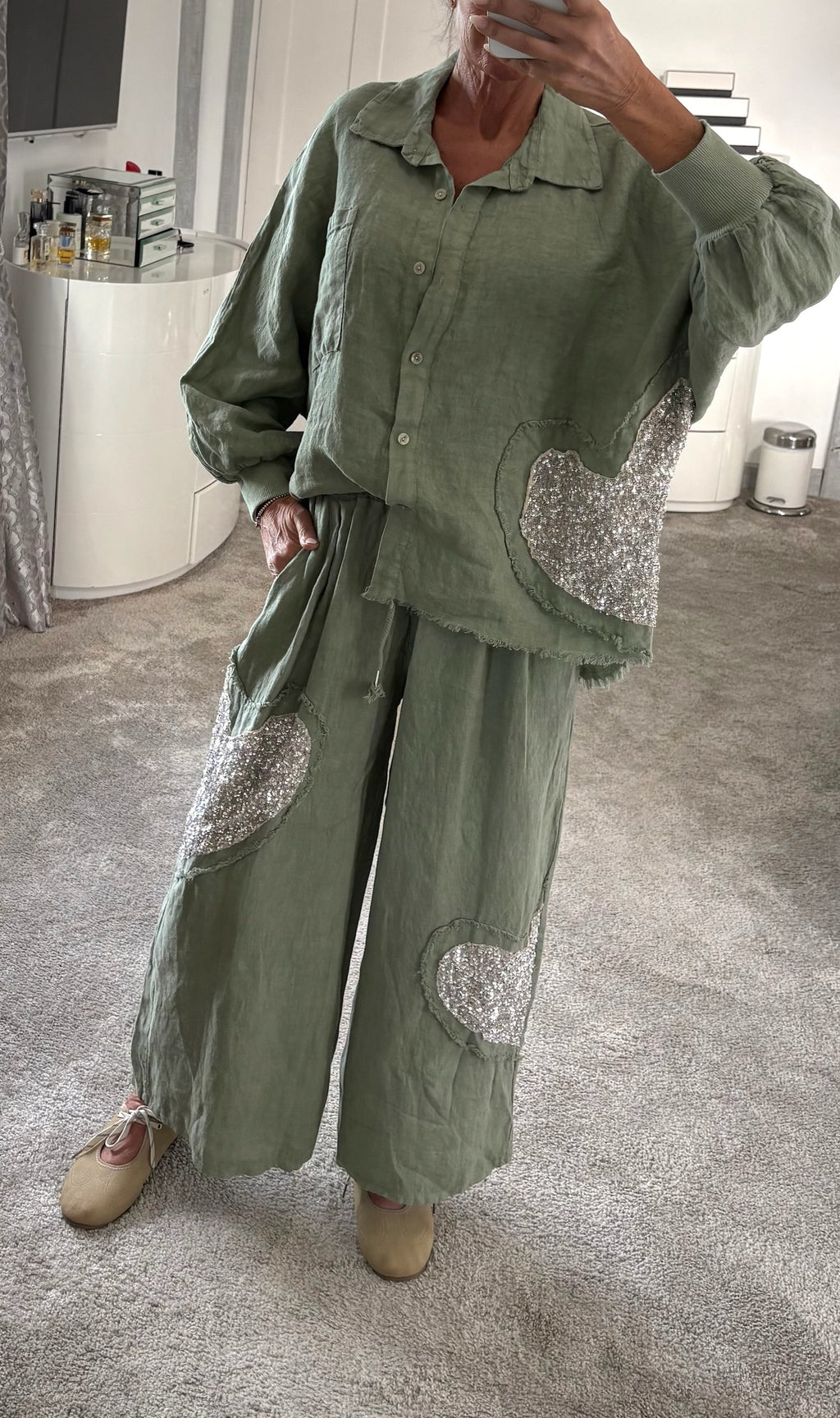 Linen Sequin Heart Co-Ord Set - Khaki