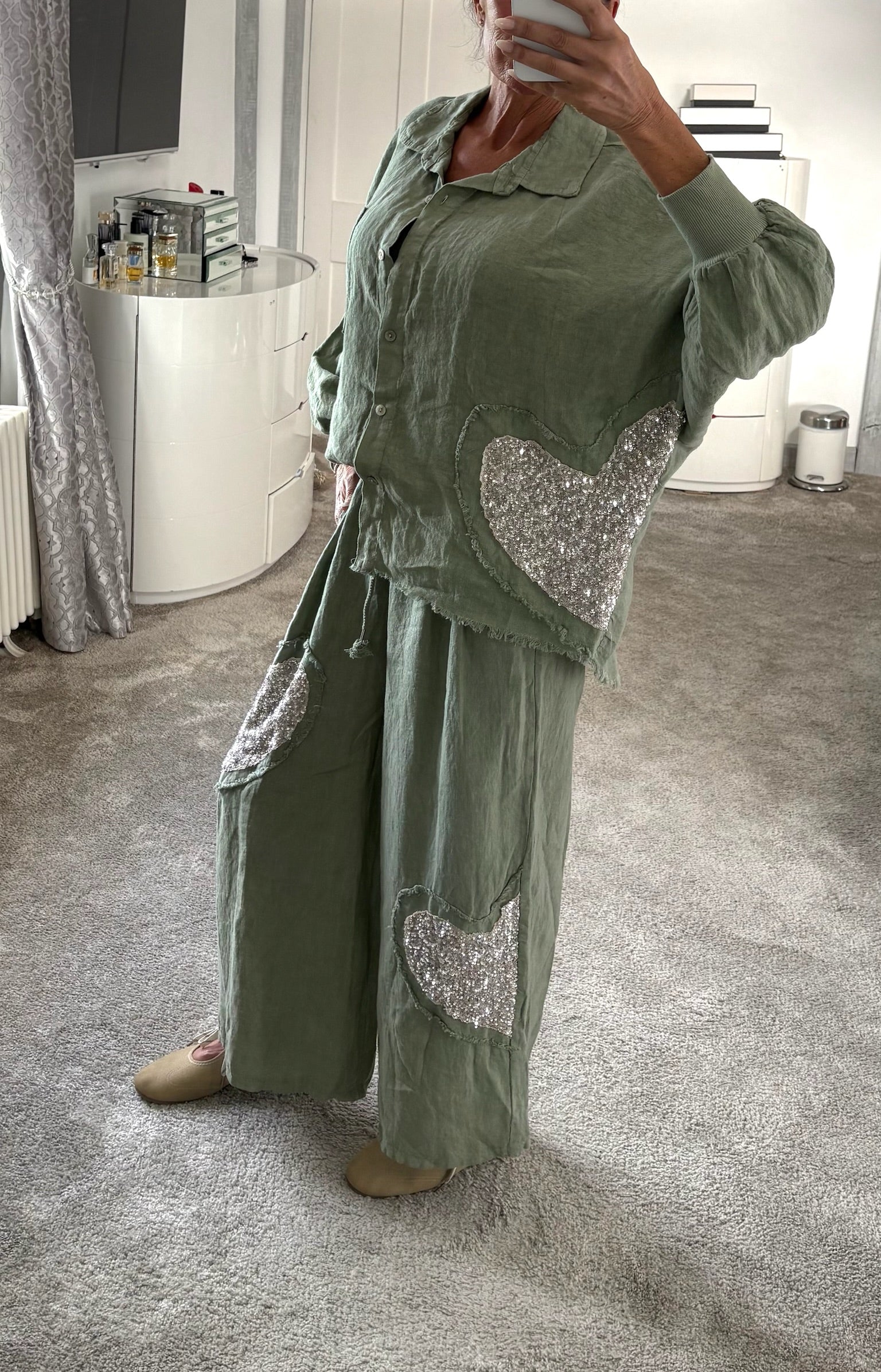 Linen Sequin Heart Co-Ord Set - Khaki