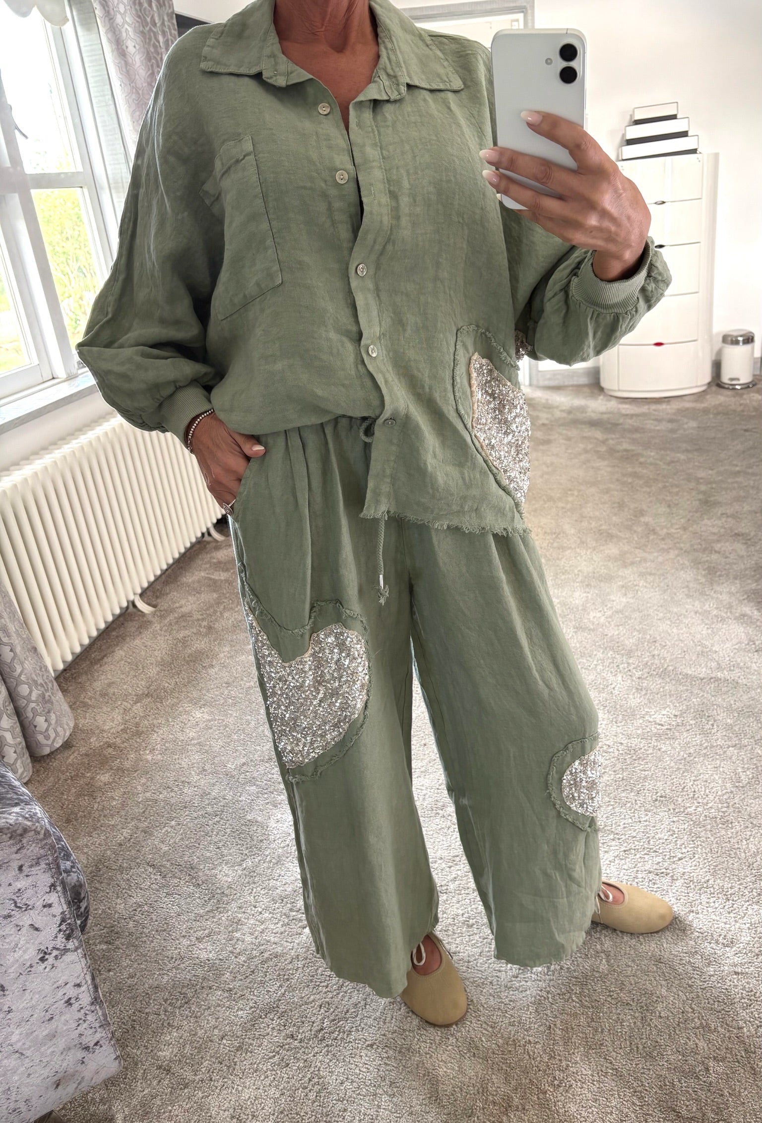 Linen Sequin Heart Co-Ord Set - Khaki