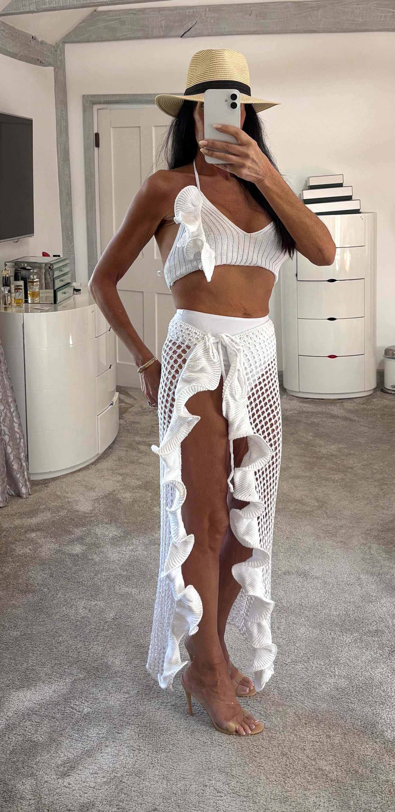 Crochet Ruffle Beach Co-Ord Set - White