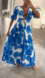 Santorini Blue Floral Maxi Dress