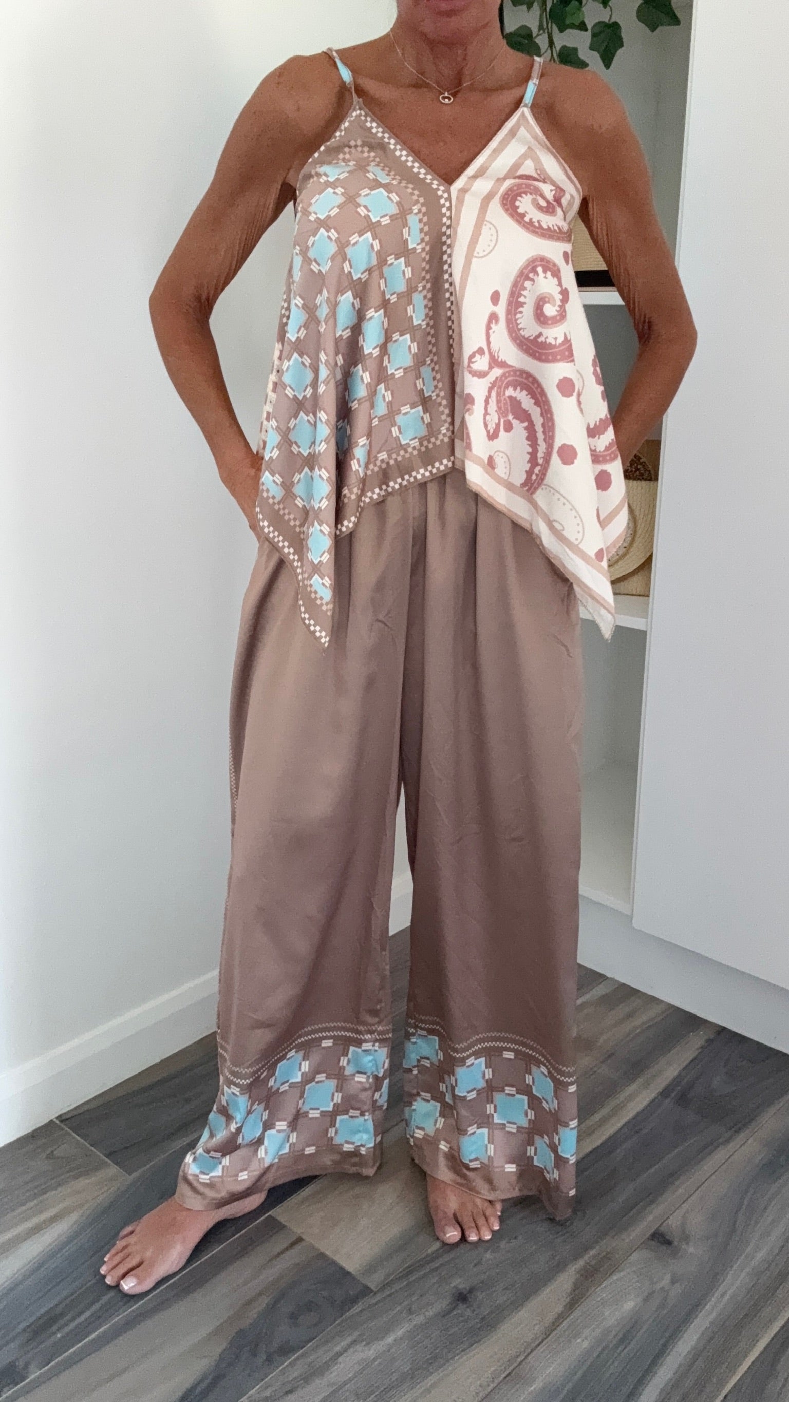 Palm Springs Scarf Print Co-Ord - Mocha & Sky
